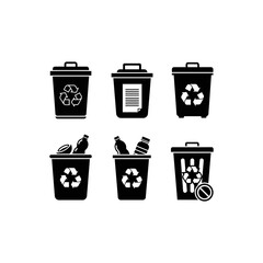 A set of six black silhouette icons depicting recycling bins and trash cans for waste management.