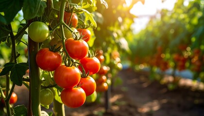 Ripe tomatoes hanging on plants in a greenhouse