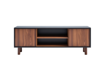 Modern wooden tv stand with black frame, isolated on transparent background