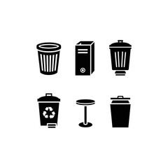 A collection of six black silhouette icons depicting various types of trash cans and a small table, set against a white background.