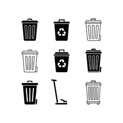 Collection of black and white vector icons illustrating various trash cans and recycling bins for waste disposal.