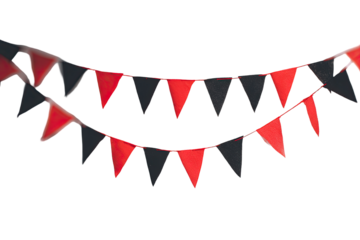 Two rows of red and black triangular pennants, forming a cheerful smile shape, hanging against a black background