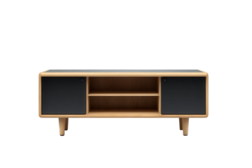 Modern wooden media console with black doors isolated on transparent background