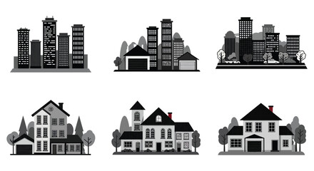 Obraz premium cityscapes and residential buildings depicted in various architectural styles