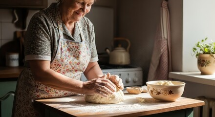 Elderly Woman Kneading Dough in Sunlit Kitchen
