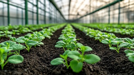 Young plants in rows inside a greenhouse