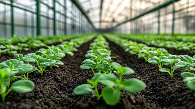 Young plants in rows inside a greenhouse - Powered by Adobe
