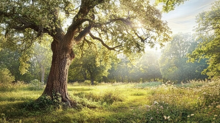 Obraz premium Sunlit forest scene with an old, majestic tree. Golden light illuminates the peaceful meadow and lush foliage.