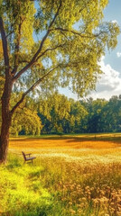 A tranquil park scene with a lone bench beneath a large tree. Golden light illuminates the peaceful meadow.