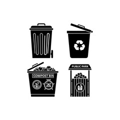 A collection of black and white icons depicting various types of trash cans for waste management, including recycling, compost, and public park bins.