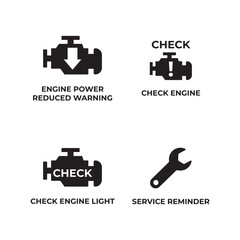 Solid Style Car Engine Warning Icons Set