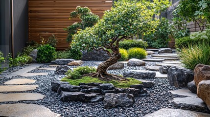 Zen garden oasis with bonsai