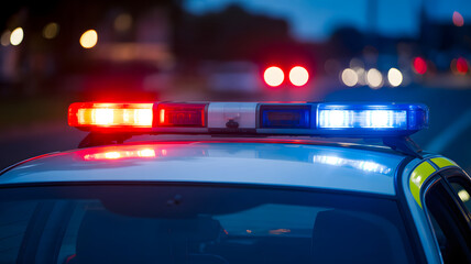 Closeup of flashing red and blue lights on top of a police car at night, indicating an emergency or crime scene, with blurred city lights in the background