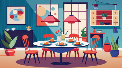 Cozy dining room scene with round table set for a meal