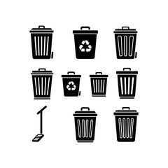 Collection of various trash cans and recycling bins, some with lids and wheels, and a scale.