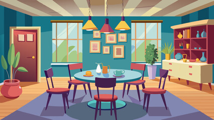Obraz premium Cozy dining room with round table chairs and cabinet illustration