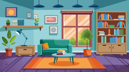 Cozy living room interior with sofa bookshelf and window