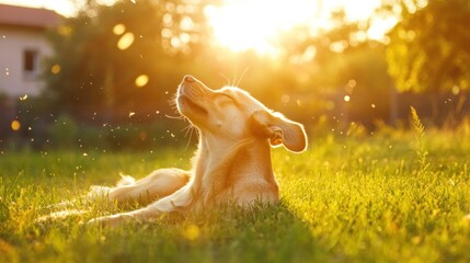 Happy dog enjoying sunshine in grass