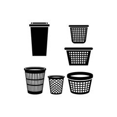 A set of black silhouette icons showcasing different styles of waste bins, trash cans, and laundry baskets.