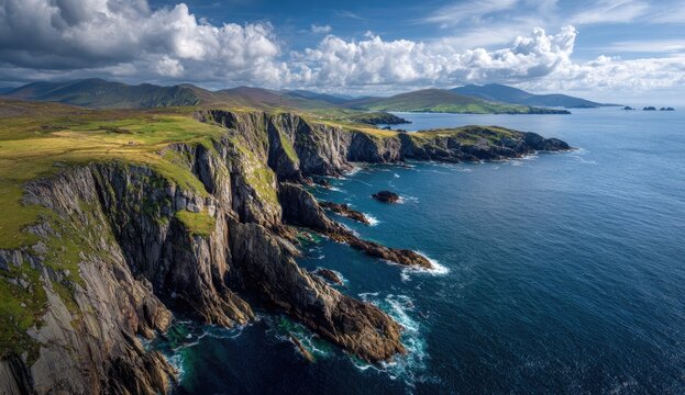 Rugged Irish coastline, dramatic cliffs, and rolling hills meet the sea