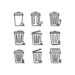 A collection of various outlined trash cans, showing different styles and designs, all isolated on white.