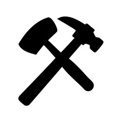 Two hammers crossed, one claw hammer and one sledge hammer in silhouette