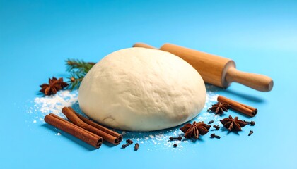 Dough ball with spices and rolling pin on blue background
