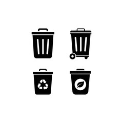 Collection of black silhouette icons depicting various waste bins, including standard trash cans, wheeled containers, and recycling receptacles with eco-friendly symbols.