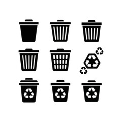 A collection of nine black vector icons depicting different styles of trash cans, some with recycling symbols.