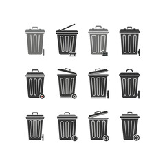 A collection of stylized, monochrome illustrations depicting various types of wheeled trash cans and waste bins, some with open lids, presented in a grid layout.