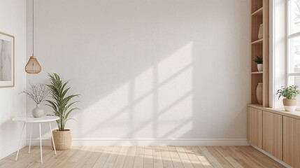 light and airy living space with a neutral color palette, natural wood accents, and indoor plants