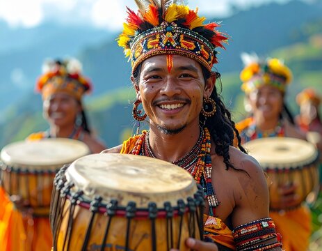 Wangala Harvest Ritual villagers offering thanks with dance and music, traditional tribal costumes