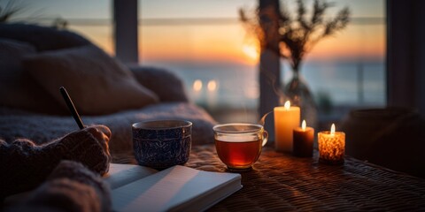 A cozy living room scene with a person writing in a journal, a cup of tea, and lit candles on a wooden table, with a view of the ocean and a sunset in the background.