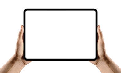 hands holding tablet mockup with blank screen isolated on transparent white background. Hand...