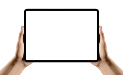 hands holding tablet mockup with blank screen isolated on transparent white background. Hand holding tablet display mockup