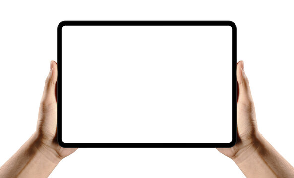 hands holding tablet mockup with blank screen isolated on transparent white background. Hand holding tablet display mockup