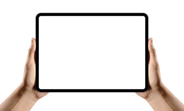 hands holding tablet mockup with blank screen isolated on transparent white background. Hand holding tablet display mockup