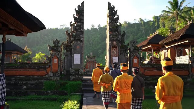 Peaceful procession at traditional Balinese temple, offering cultural heritage and tranquil