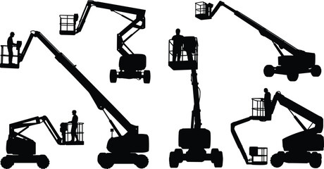Silhouettes of boom lift machines with workers, construction platform vehicles, elevated aerial lifts for maintenance, industrial, engineering, and safety operations. © Biplob Creatives