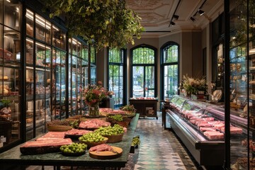 Elegant butcher shop with glass cases and fresh meat