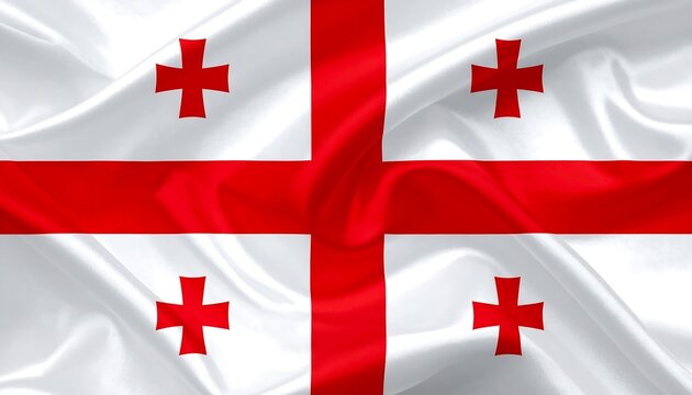 Georgian flag with white field and five red crosses, including central cross and four bolnur-katskhuri crosses, symbolizing national heritage.