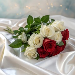 A bouquet of fresh white and red roses on silky fabric with a dreamy background.
