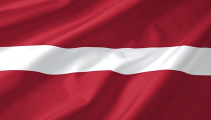 Latvian flag with deep red and white horizontal bands waving on textured fabric, symbolizing heritage and national pride.