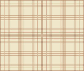 Seamless tartan plaid pattern. Checkered fabric texture print in stripes cream and pale brown colors. Fashion wallpaper