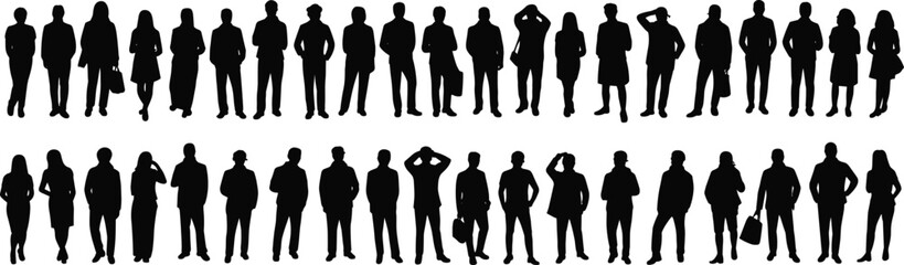 Silhouettes of business people standing, walking, holding briefcases, men and women, professional attire, isolated vector, office workers, corporate team, black shapes