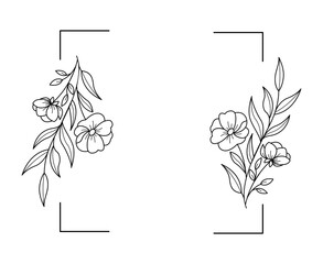 Floral black and white frame of twigs, leaves and flowers. Frames for the Valentine's day, wedding decor, logo and identity template.