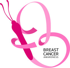 Pink ribbon butterfly. Breast cancer awareness month. Vector illustration.