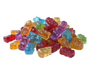Pile of colorful gummy bears isolated on transparent background