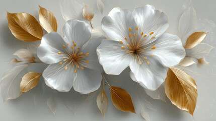 Beautiful spring 3D 2 white flowers with golden leaves on decorative background as wallpaper illustration, Elegant White Gold Flower