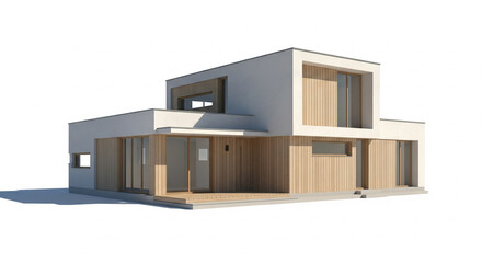Sleek Modern Two-Story Residential House with White and Wood Exterior in a Bright Studio Setting